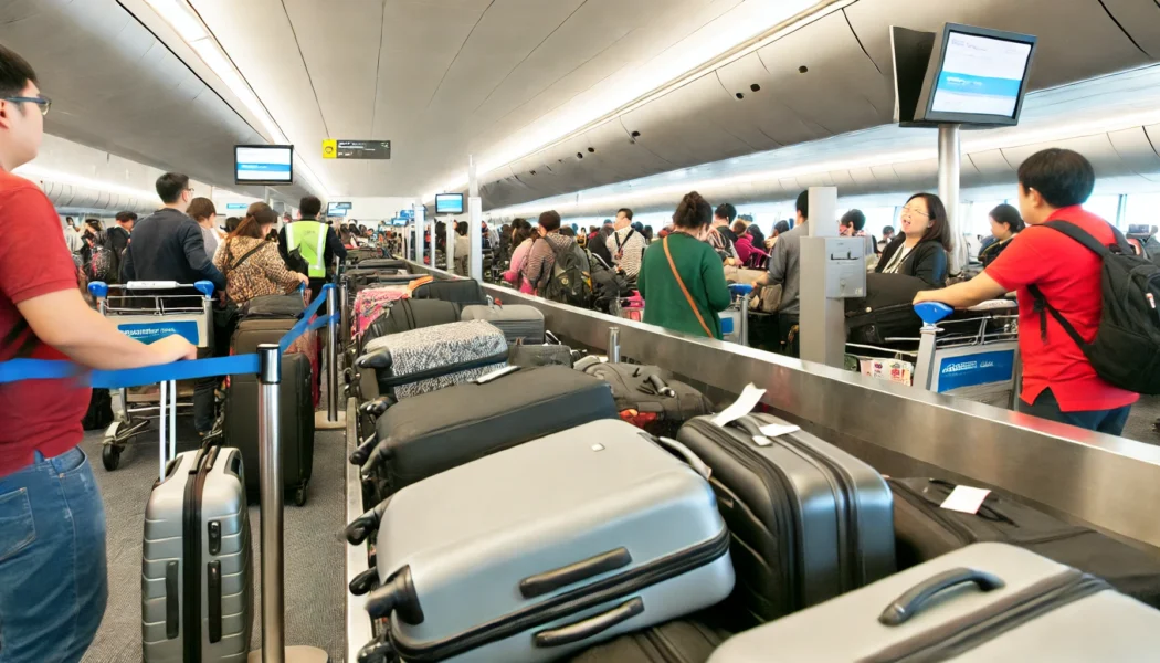 Crowded Luggage Belts and people with multiple Luggage Carts.