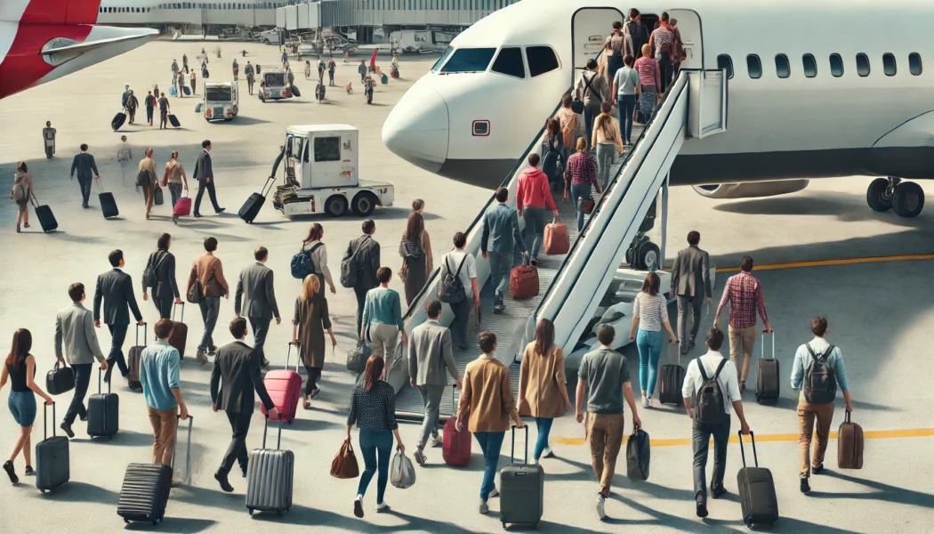 Passengers from everywhere with wheeled carry-ons are trying to board a plane.