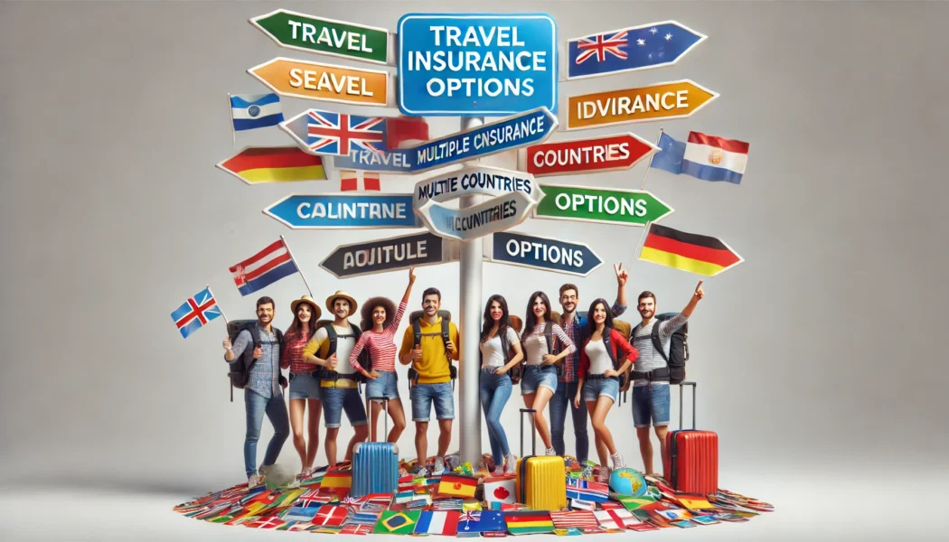 A group of young adults with carry-ons and a signpost with travel insurance and destination options. Best Air fares Reviews & How We Book Cheap Flights