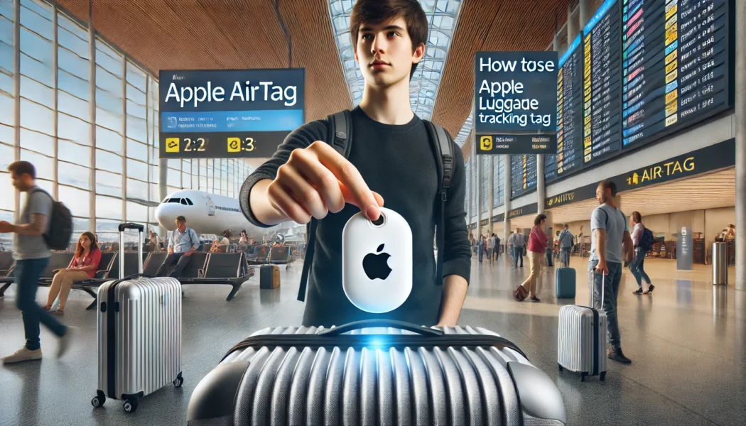 A young traveler places an Apple AirTag as a Luggage Tracking Tags at the airport.