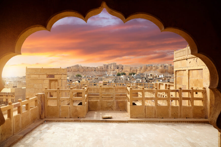 Jaisalmer Fort at Purple Sunset at sandstone desert city in Rajasthan, India