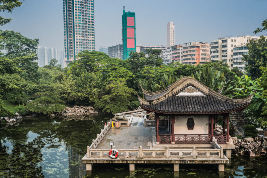 Pagoda Temple by a pond at Kowloon Walled City Park in Hong Kong