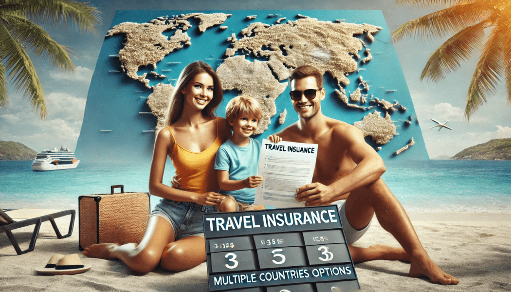 A family on a beach vacation with their multiple countries travel insurance option.