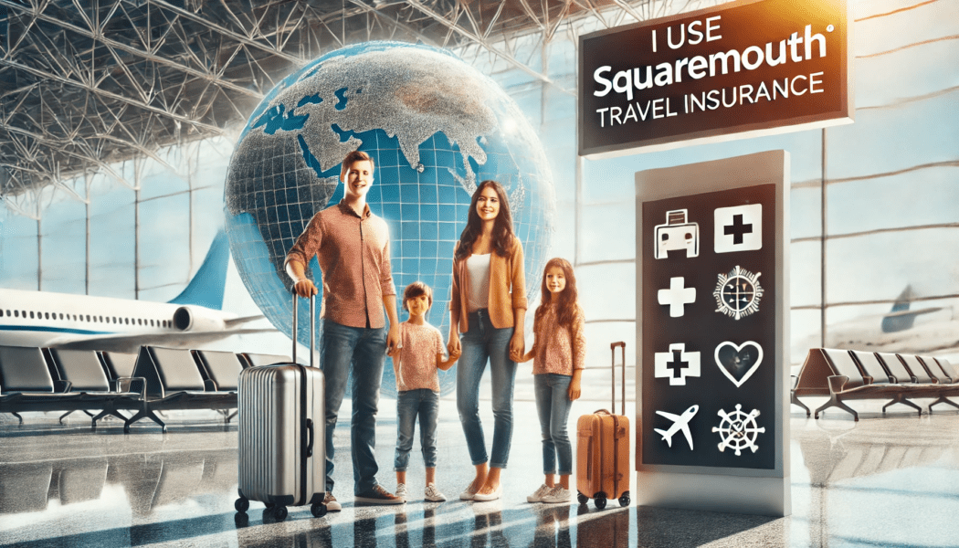 A family at the airport with their luggage explaining why they use Squaremouth Travel Insurance.