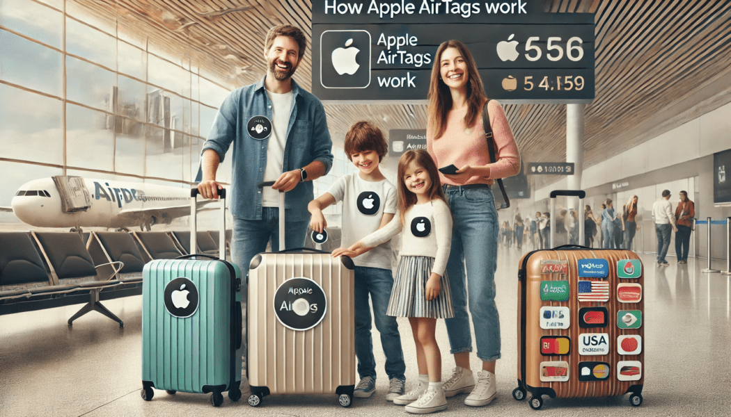 A family and their luggage are all secured by Apple AirTags  as Luggage Tracking Tags.