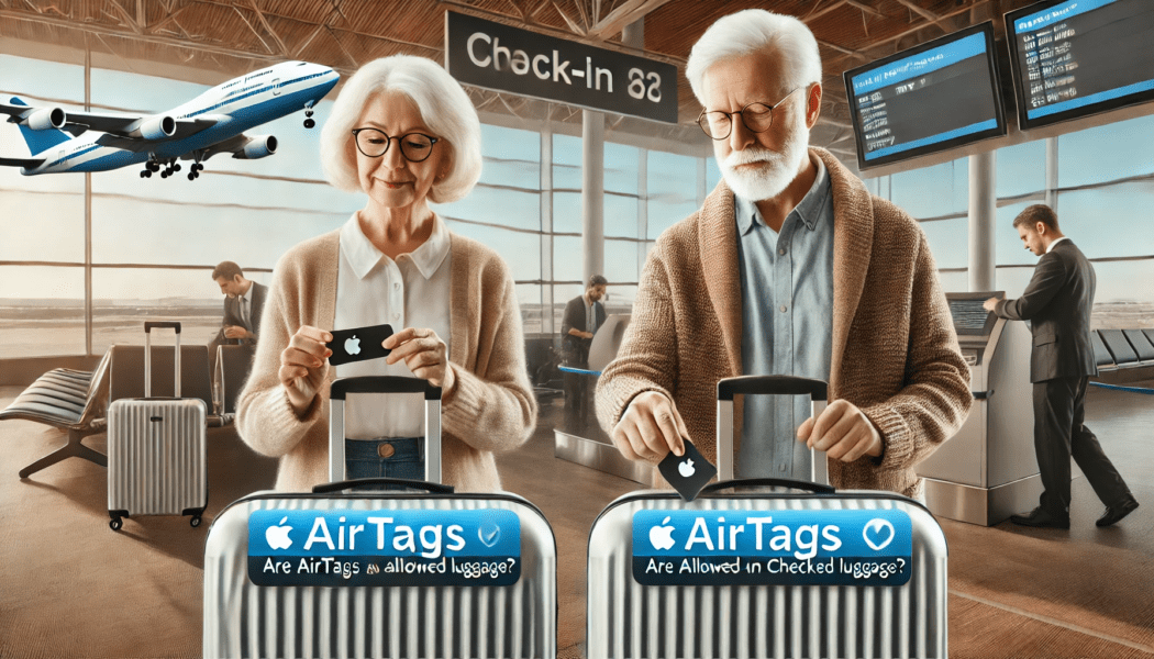 A mature aged couple with their luggage secured by Apple AirTags as Luggage Tracking Tags.