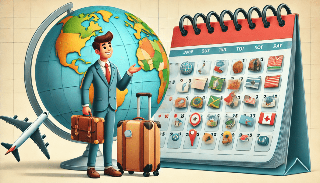 A young man with a carry-on, a globe of the world, and a calendar deciding on dates to book a flight.