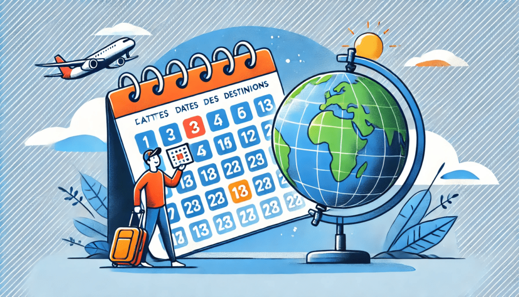 A young man with a carry-on, a globe of the world, and a calendar deciding on dates to book a flight.