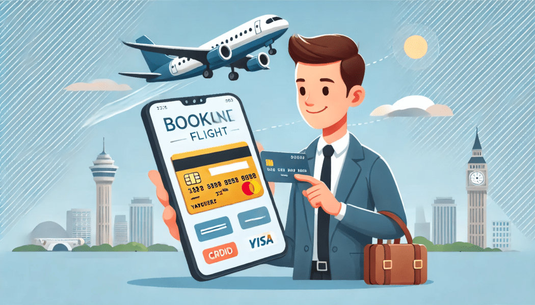 A business flyer using a travel app and a credit card to book a flight.