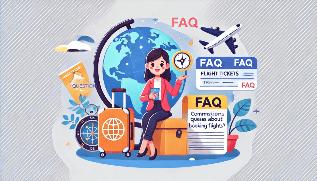 A flyer sitting on her luggage with Common Questions about Booking Flights.