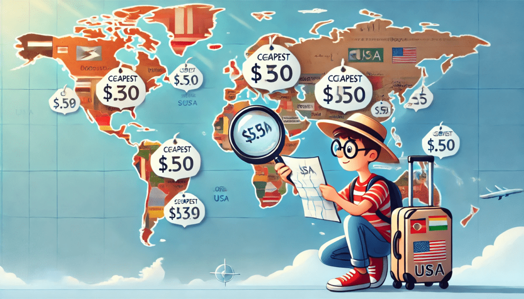 A young flyer with a carry-on researching the cheapest countries to fly to from the USA.