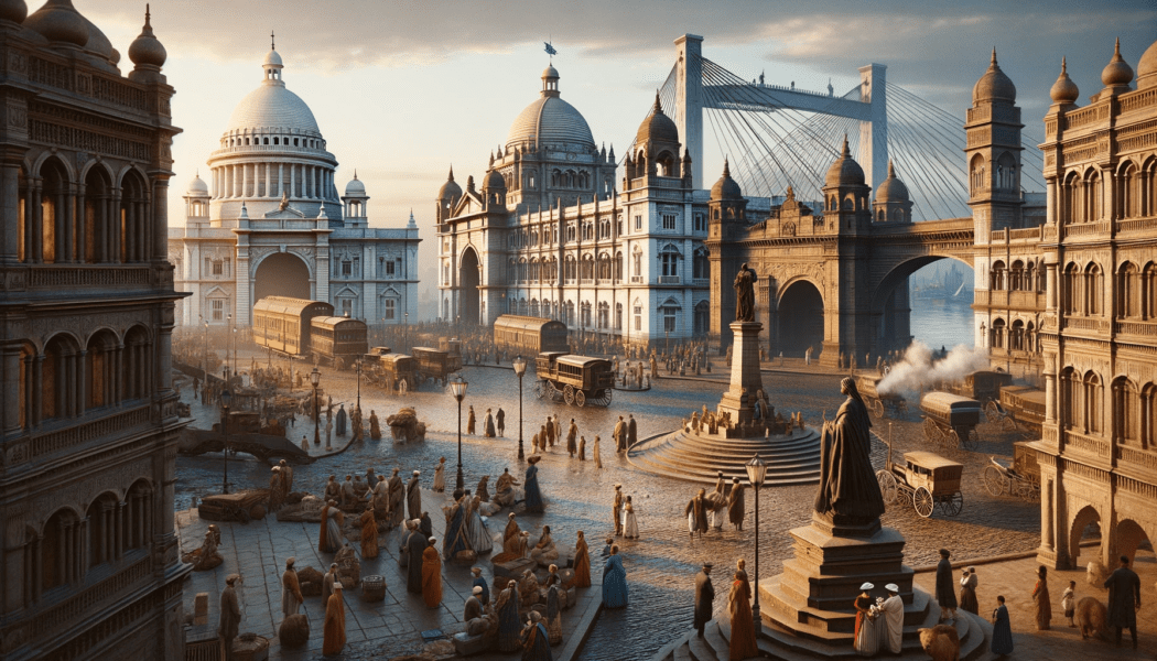 Colonial India during the British Raj Features the Memorial and Howrah Bridge in Kolkata.