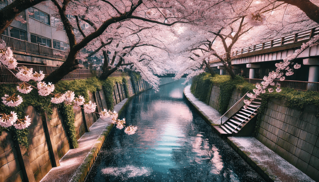 Tokyo Flights Deal - Cherry blossoms in full bloom along the Meguro River in Tokyo.