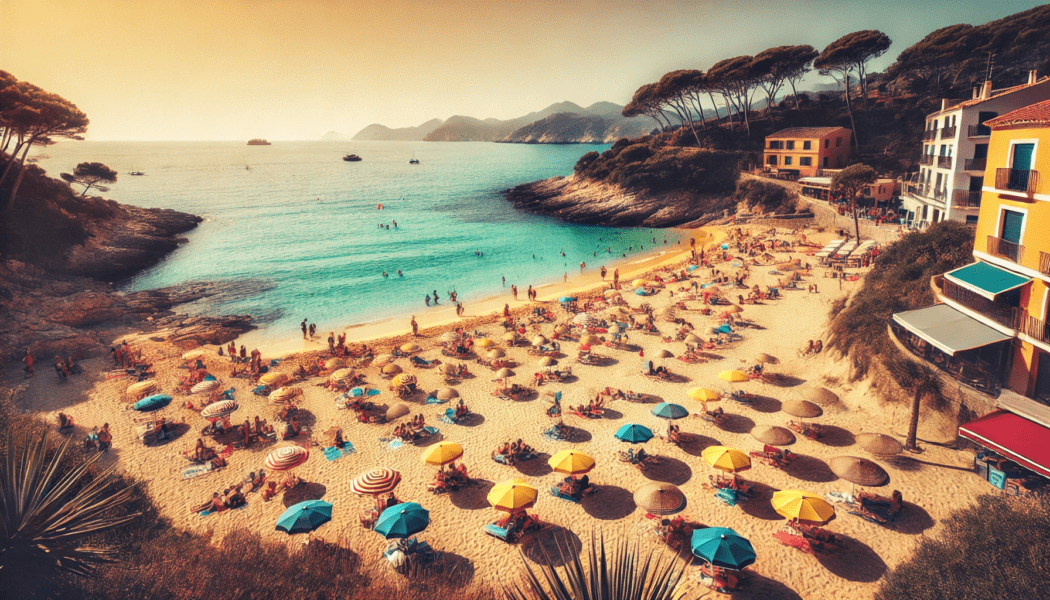 Spain Flights Deal - Spanish beach with golden sand and clear blue waters.